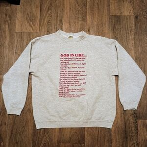 God Is... Vintage Gray Crewneck Sweatshirt with Red Text Men's Large